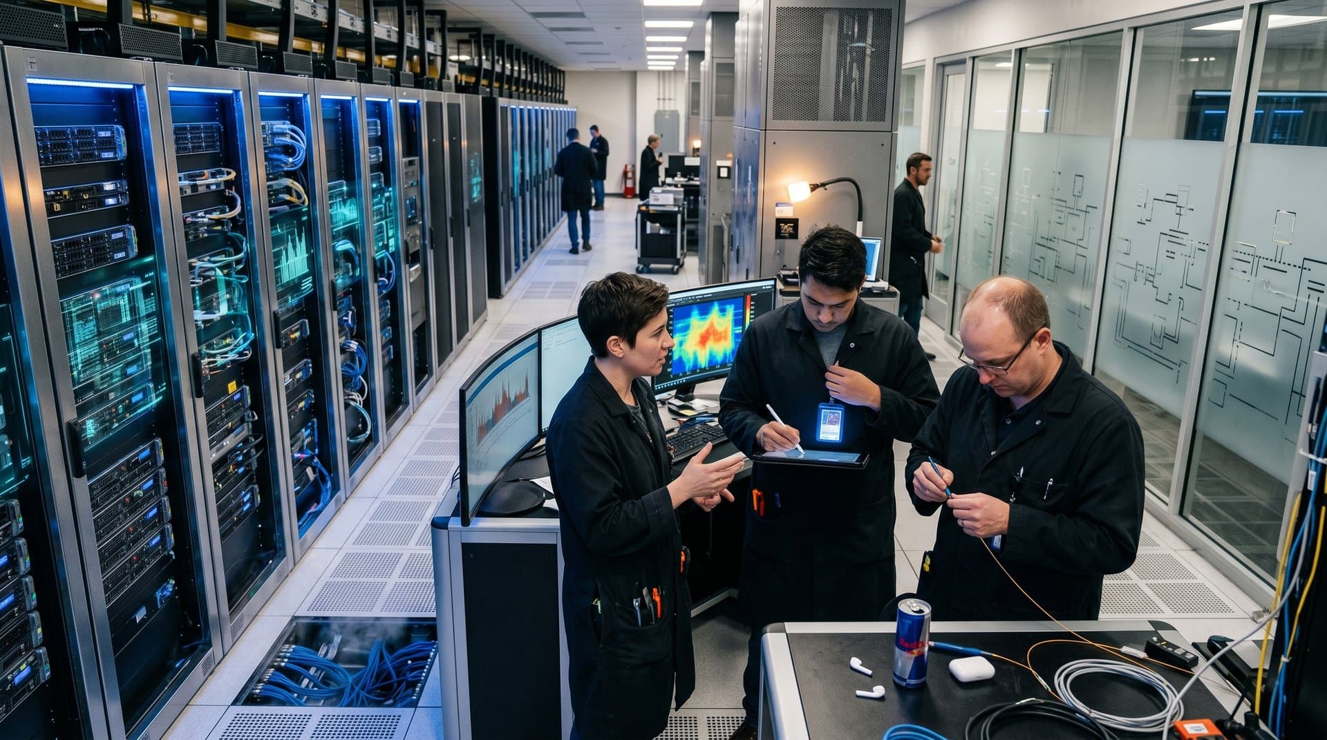 High-tech data center with server racks, GPUs, cooling systems, and engineers monitoring AI metrics