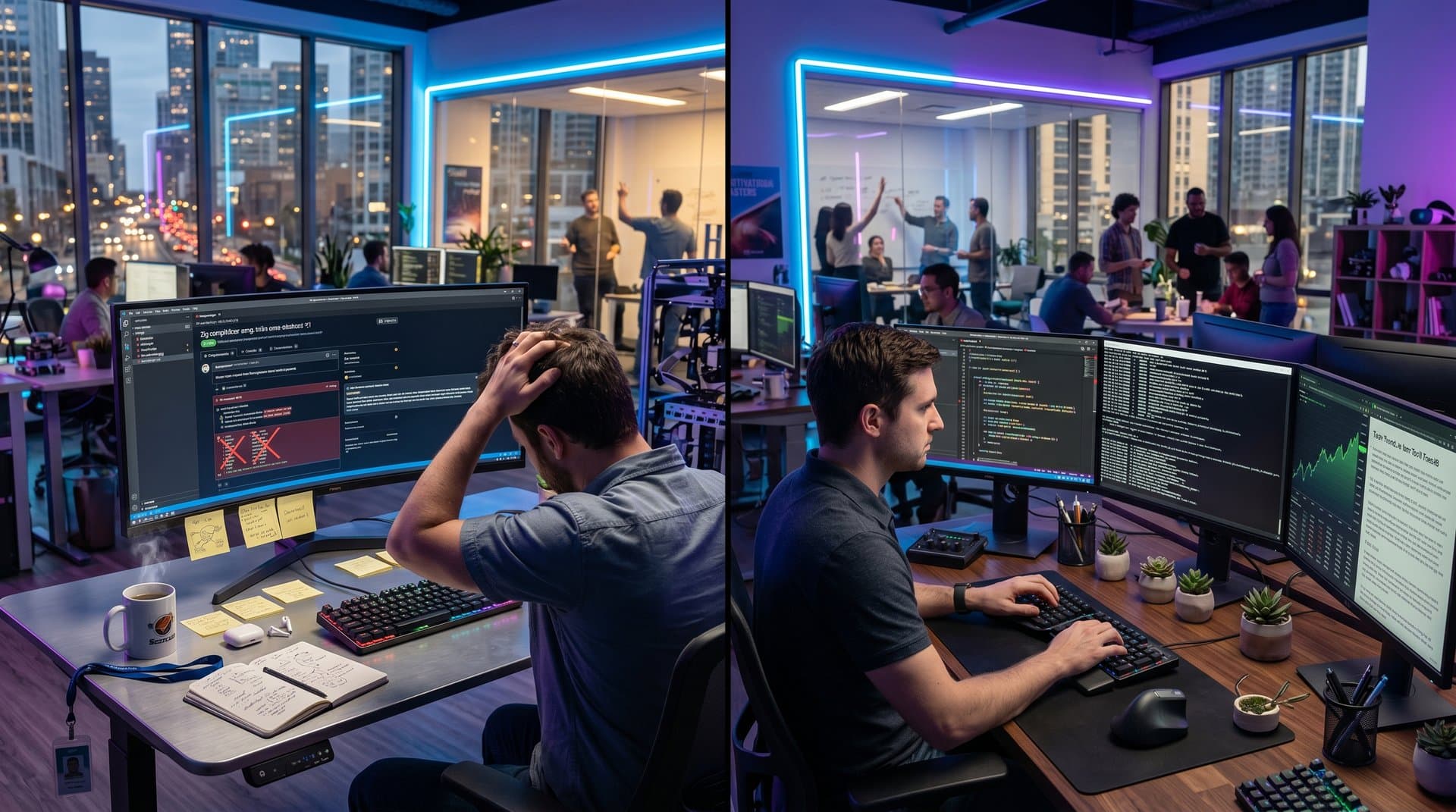 Developers debate Zig anti-AI policy at dual screens showing rejected AI code and manual Zig programming in startup office
