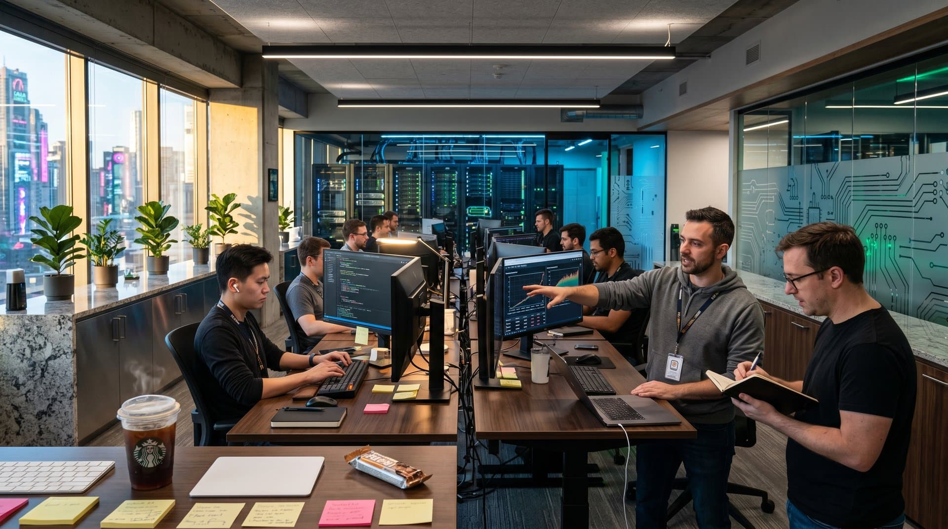 Modern tech office with Zig code and Bun benchmarks on multi-monitors, server racks glowing in background