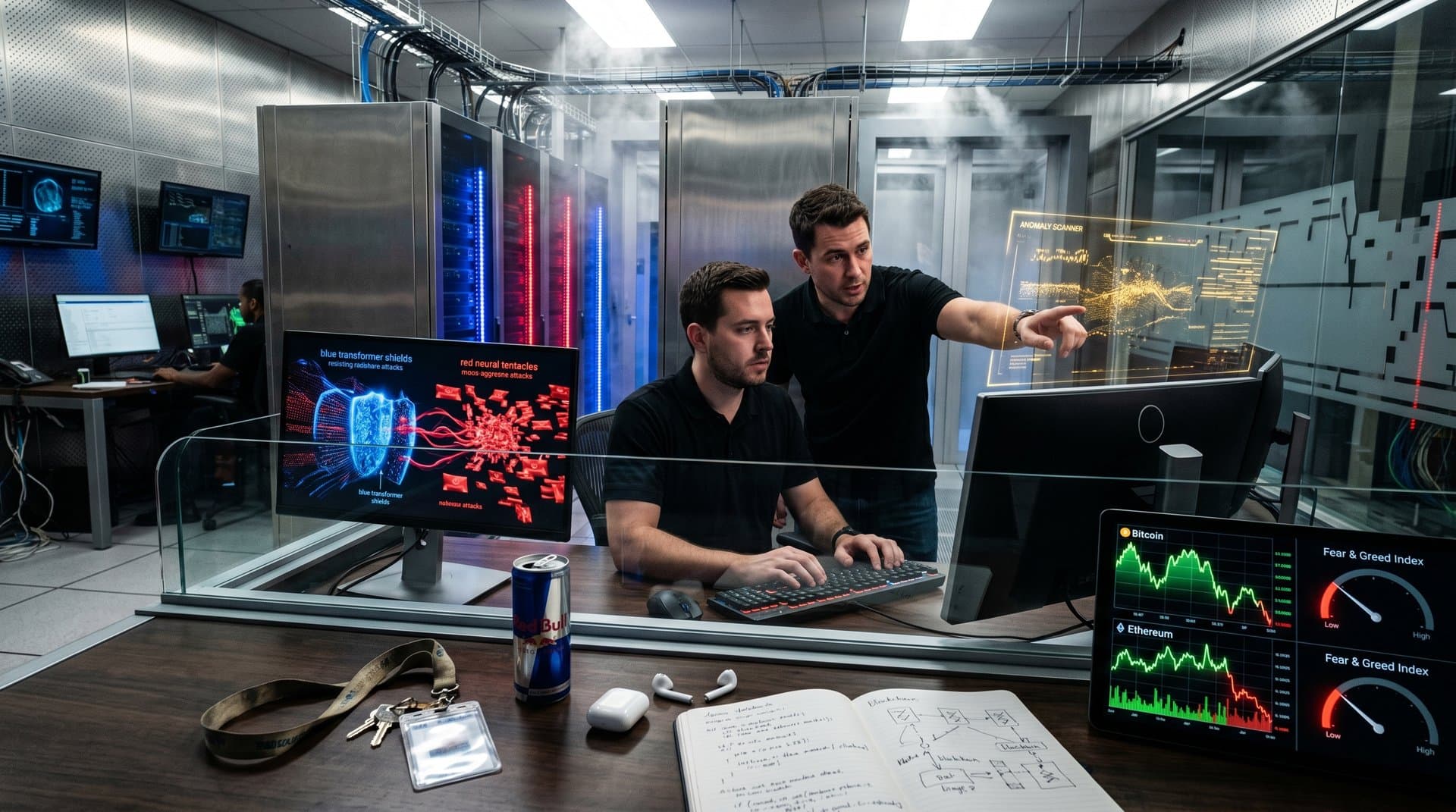 Abstract AI cybersecurity clash with threat vectors, neural networks, and crypto fear index in neon digital style