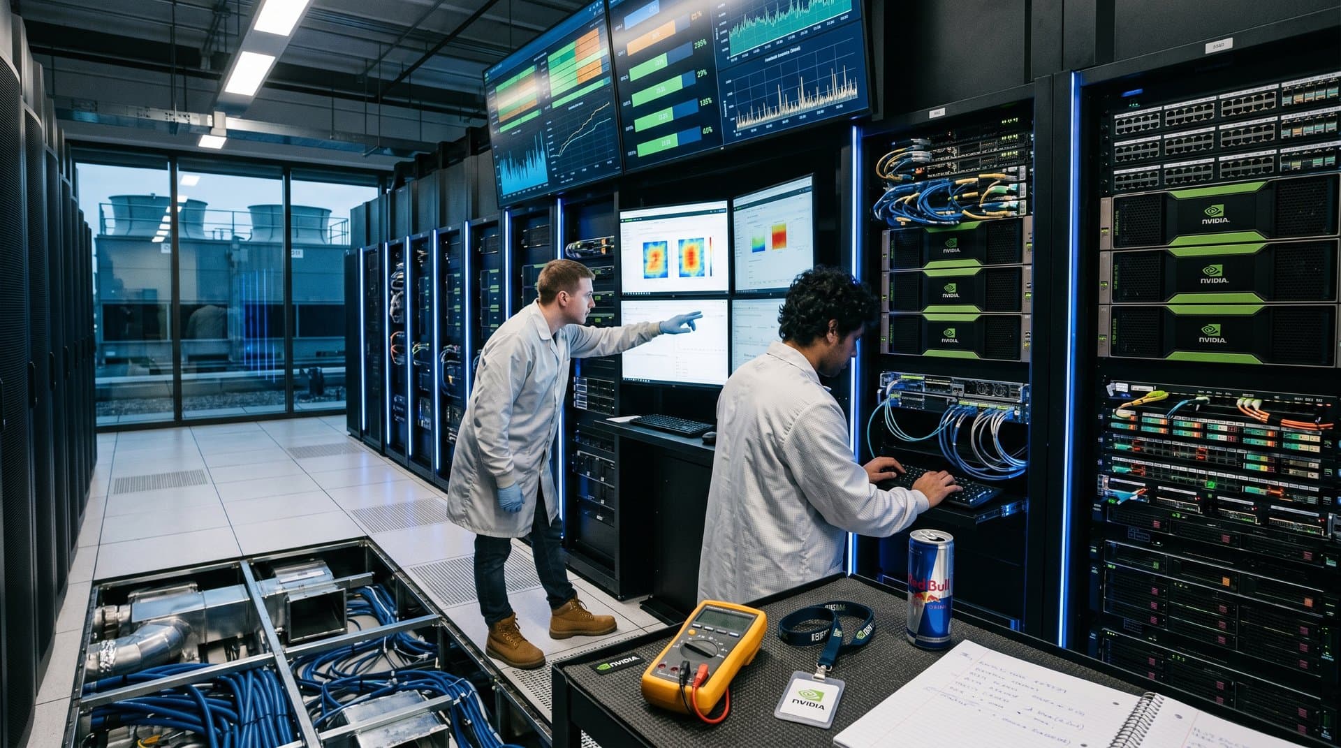 Server racks with GPUs and AI dashboards in a modern data center control room