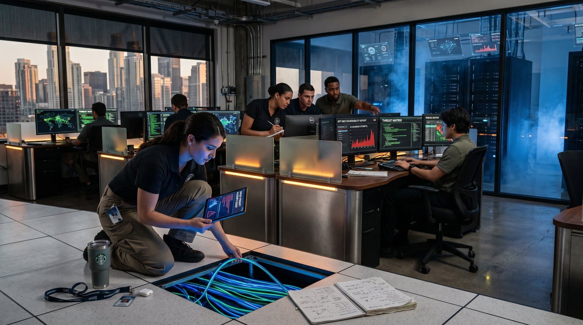Cybersecurity team in high-tech data center analyzes AI will generator vulnerabilities on multi-monitors amid server racks