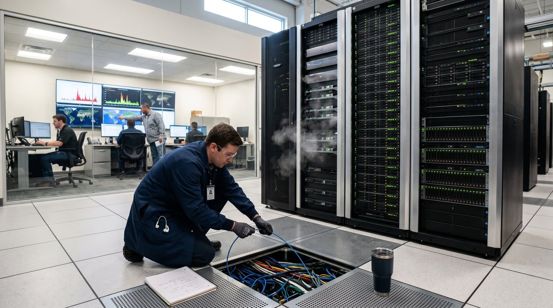 Engineer adjusts server cables on raised floor amid glowing racks, misting coolers, and analysts at monitors in Tier IV data center