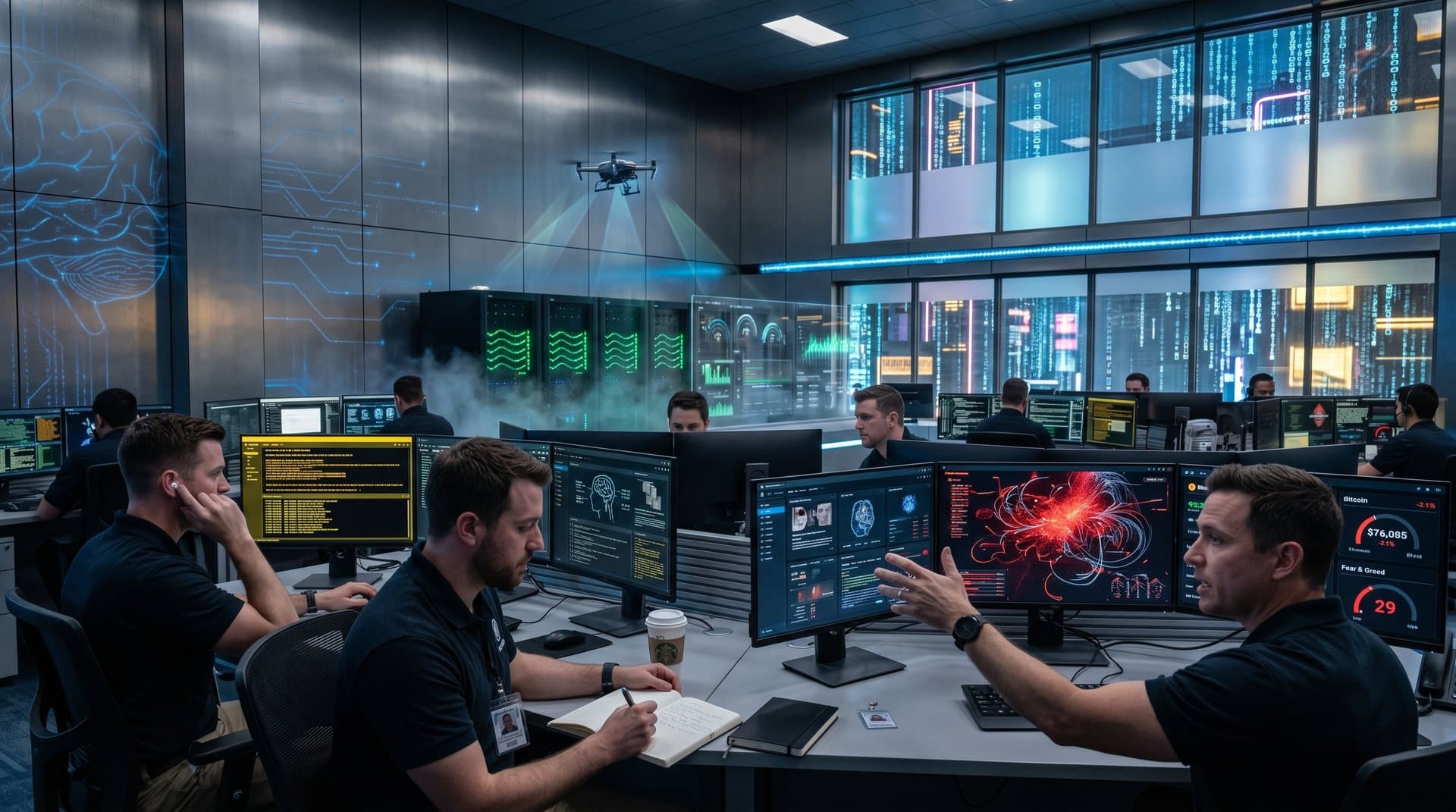 Cybersecurity ops center screens show AI threats, crypto charts, and defense dashboards in OpenAI-style lab