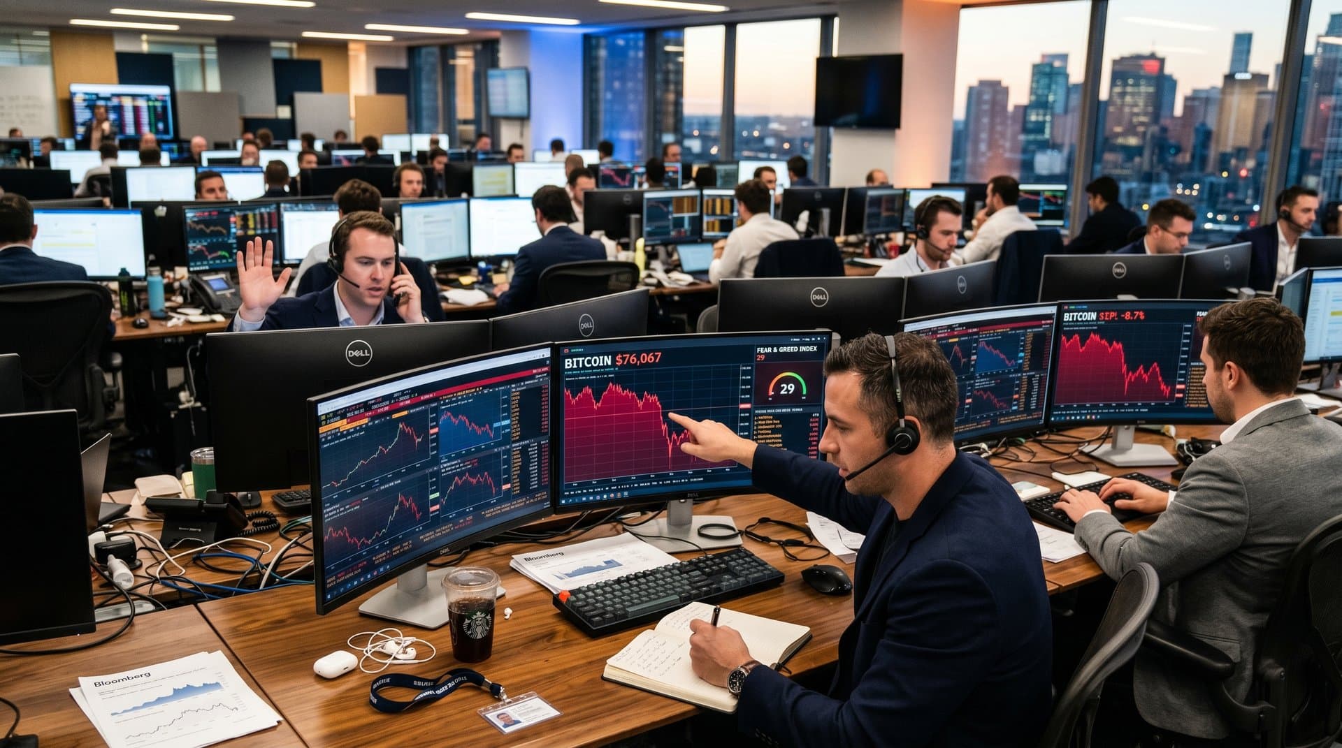 Trading desk monitors show Bitcoin volatility at $76,067 and Fear & Greed Index at 29 amid fintech charts