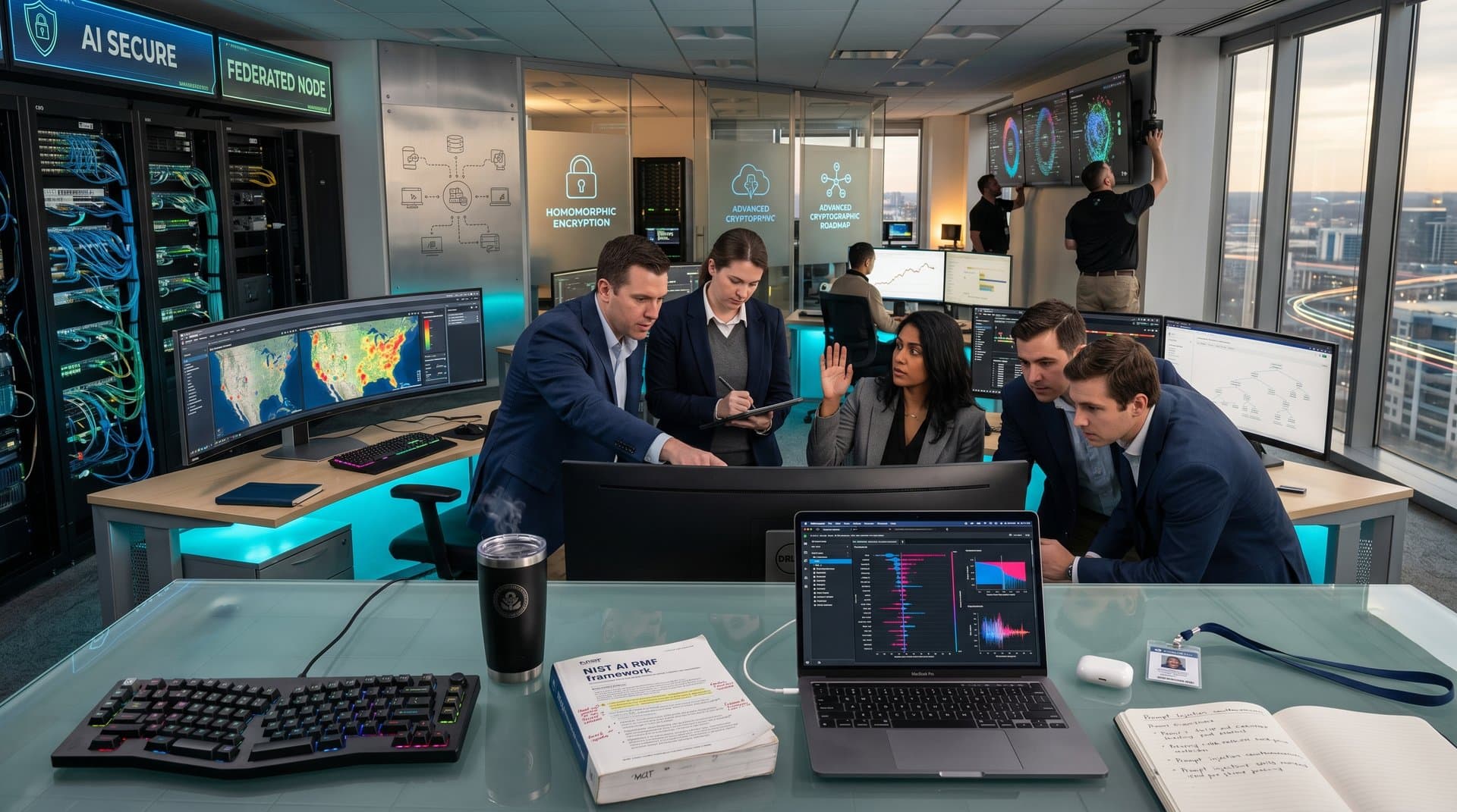 EPA cybersecurity team analyzes AI regulatory models on multi-monitor setups in high-security operations center with server racks