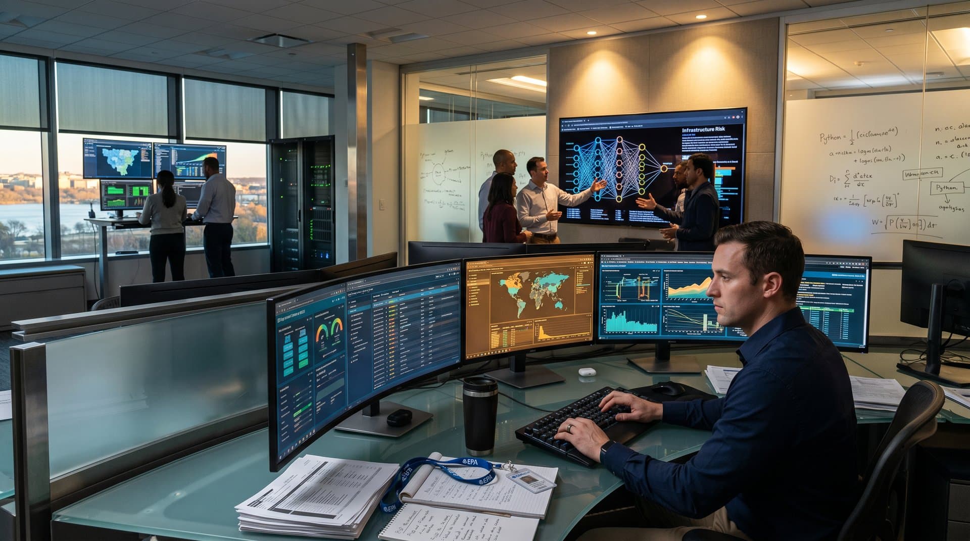 EPA analysts at multi-monitor desks review AI cybersecurity dashboards in high-tech operations center with server racks and Potomac views