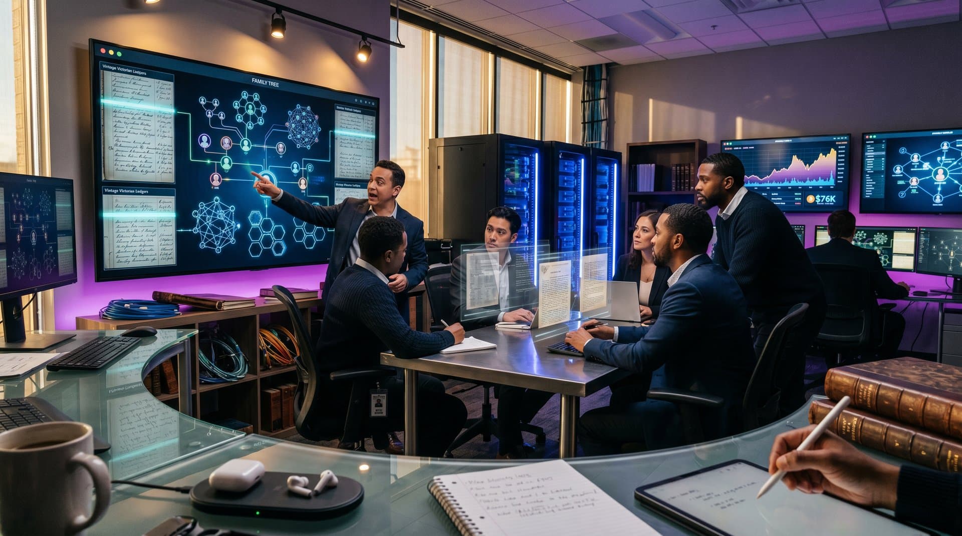 AI genealogy family tree fuses with blockchain and neural networks in abstract digital visualization