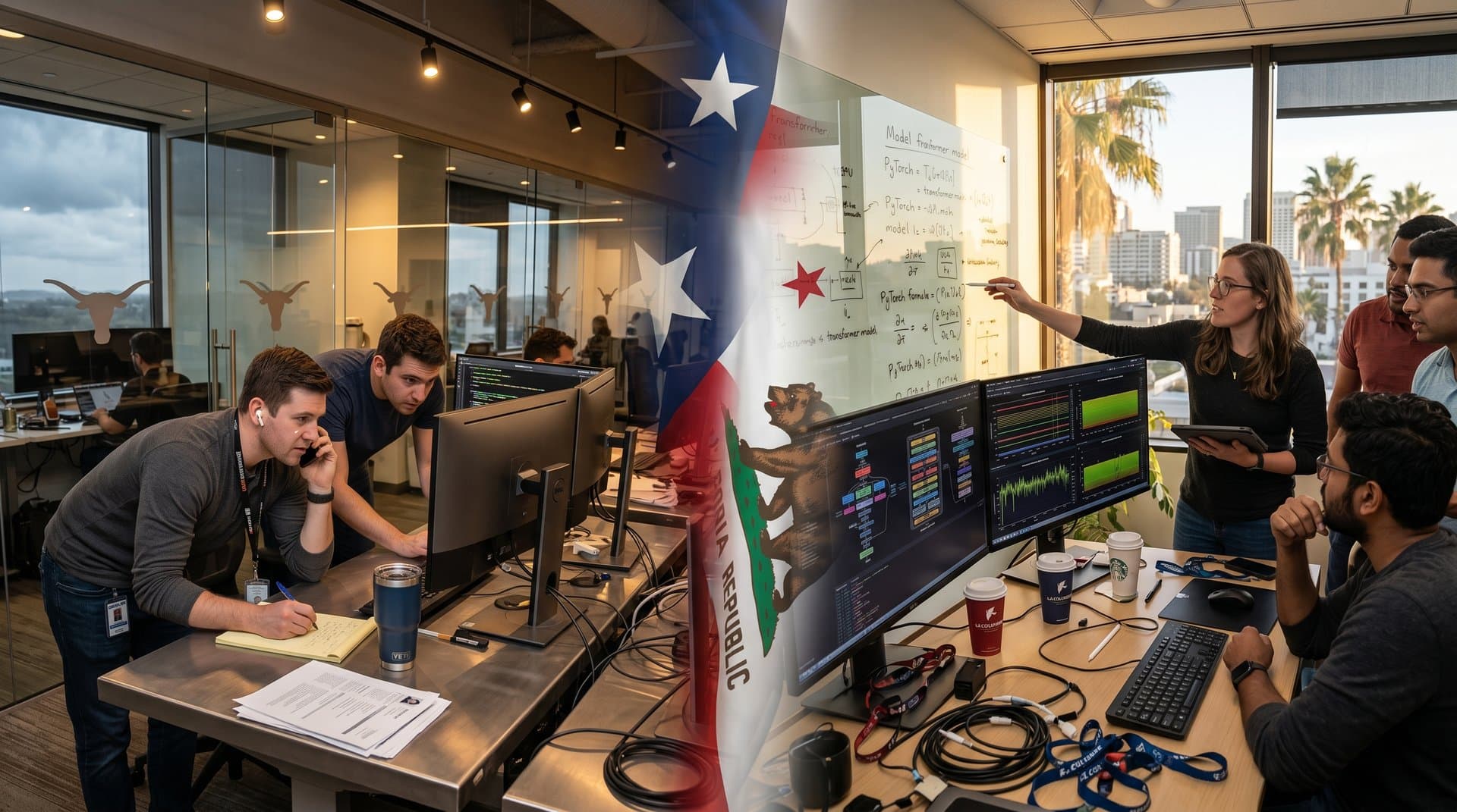 Contrasting scenes of quiet Austin startup office and bustling Silicon Valley AI lab, highlighting Texas AI jobs lag