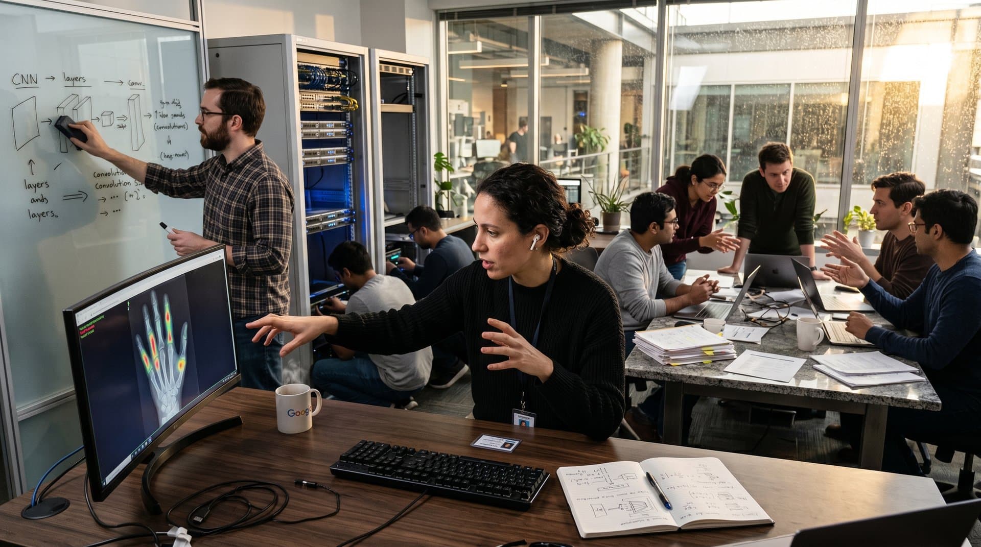 Scientists review AI-analyzed medical scans on multi-monitor setups amid modern lab with glass walls and server racks.