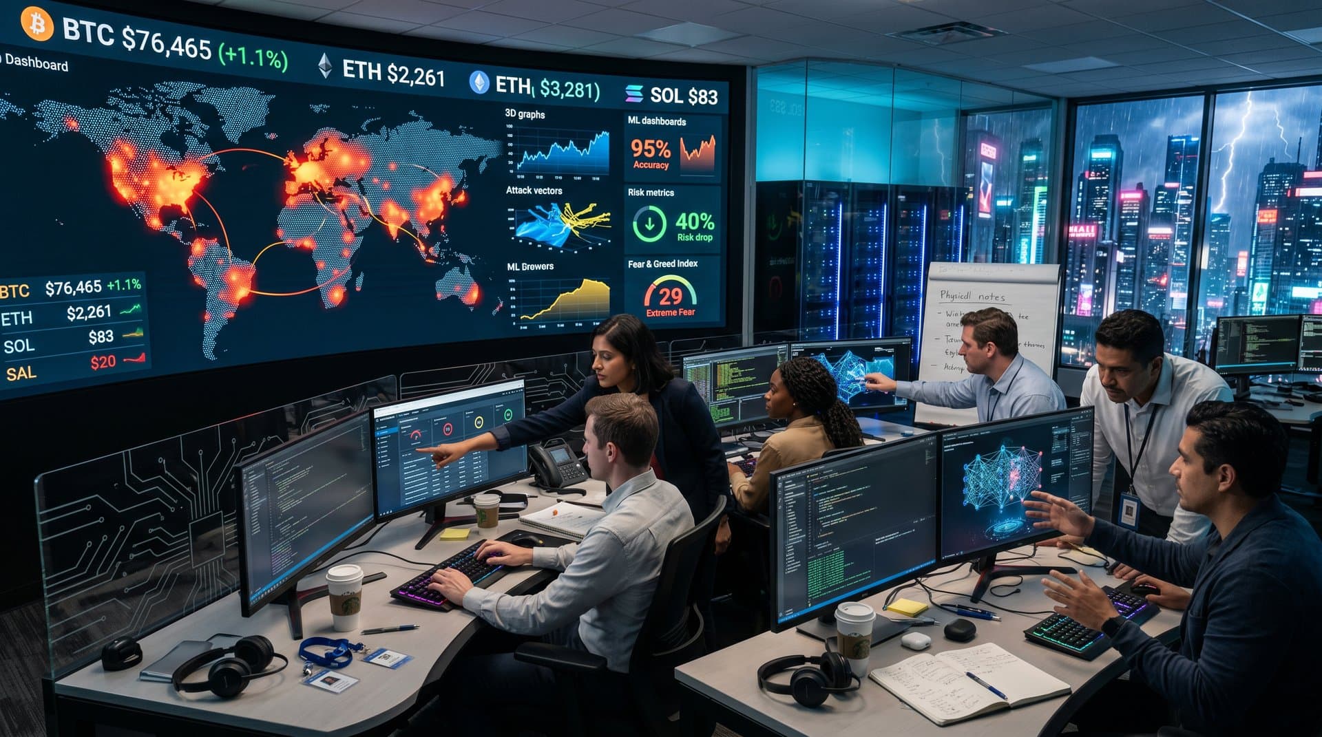 Analysts monitor AI cybersecurity threats on curved video walls and multi-monitor desks in modern fintech SOC