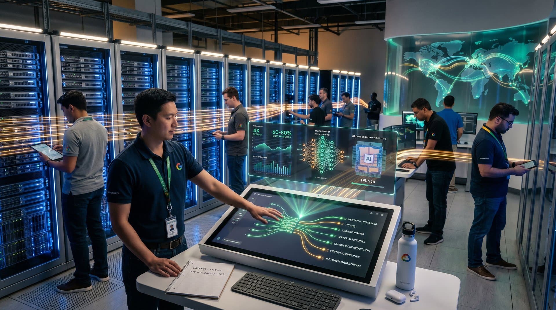 Futuristic data center with holographic AI neural networks, TPU v5p diagrams, and Vertex AI benchmarks representing Google Cloud infrastructure advantage