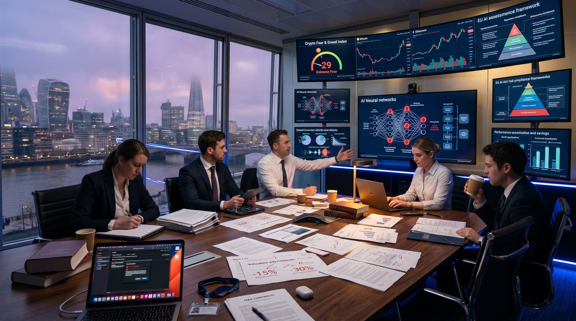 Futuristic boardroom scene with AI cyber risk diagrams, crypto charts, and M&A contracts overlooking city skyline