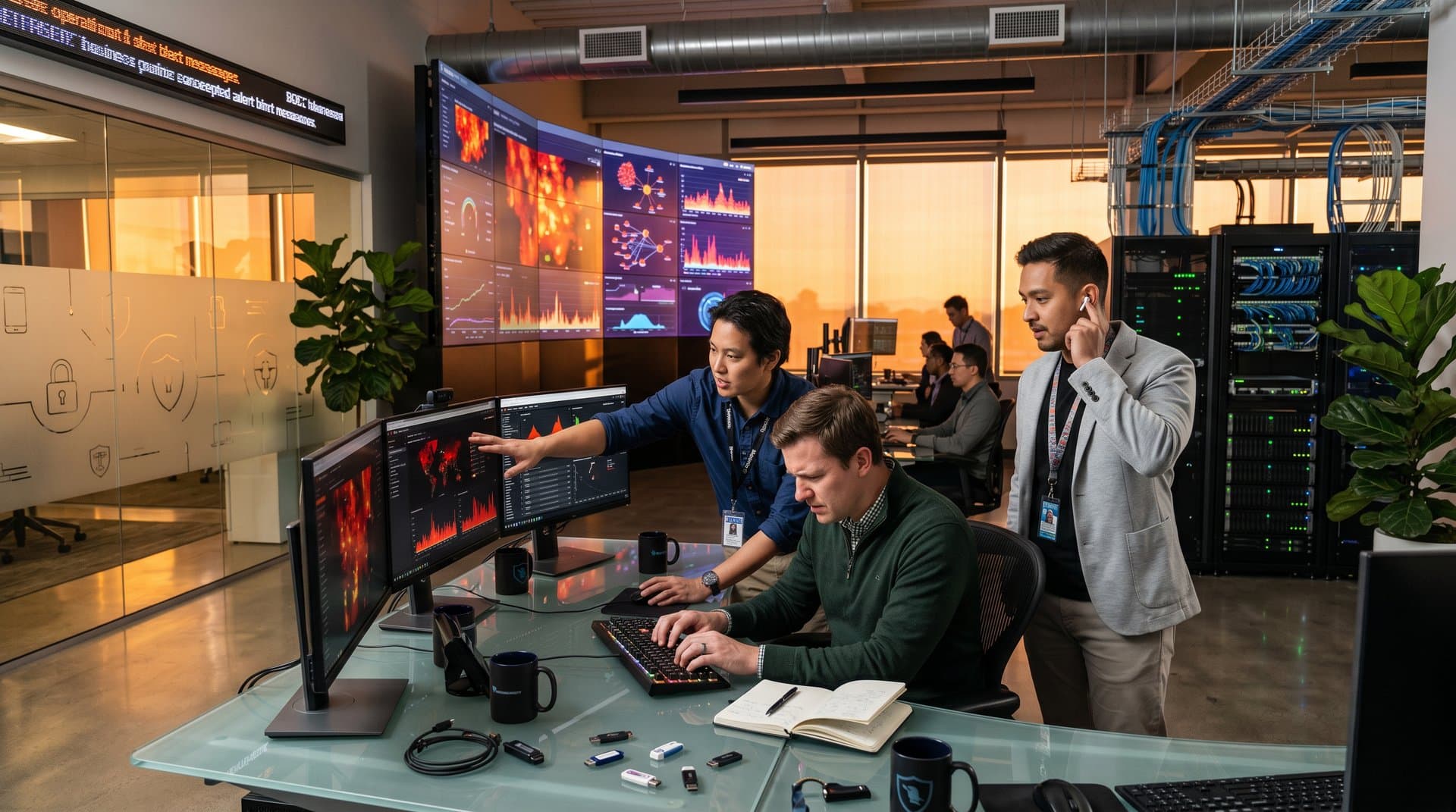 Cybersecurity analysts at curved video walls and desks monitor AI threat dashboards in modern operations center