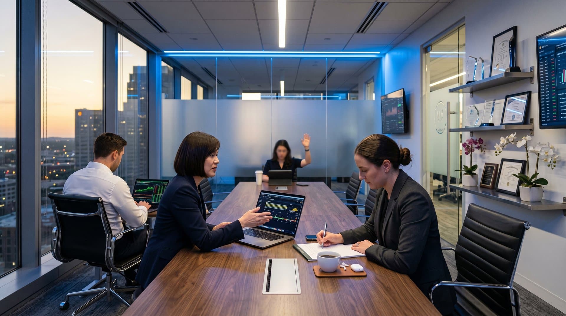 AI legal dashboards and crypto charts on laptops and screen in modern conference room