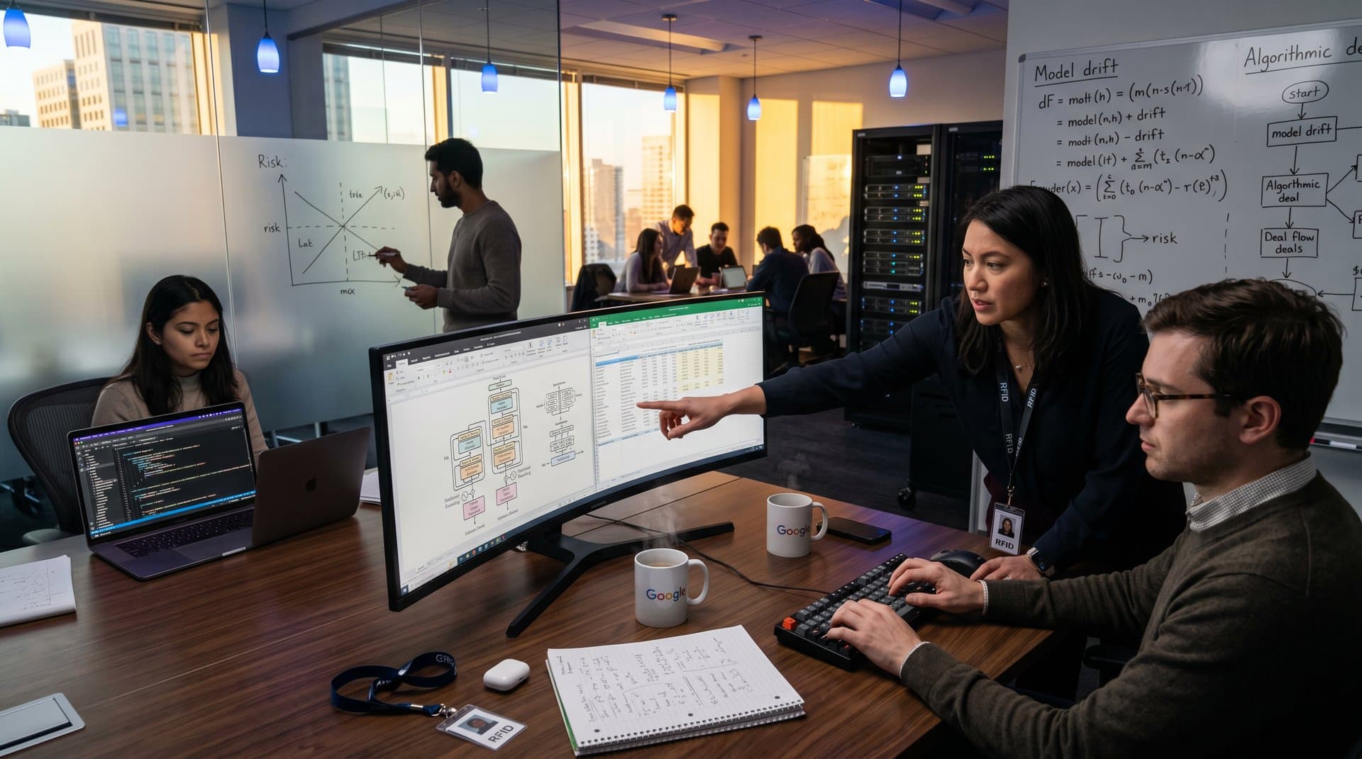 Abstract AI lab with monitors showing model diagrams, spreadsheets, whiteboards with equations, and server racks during M&A strategy
