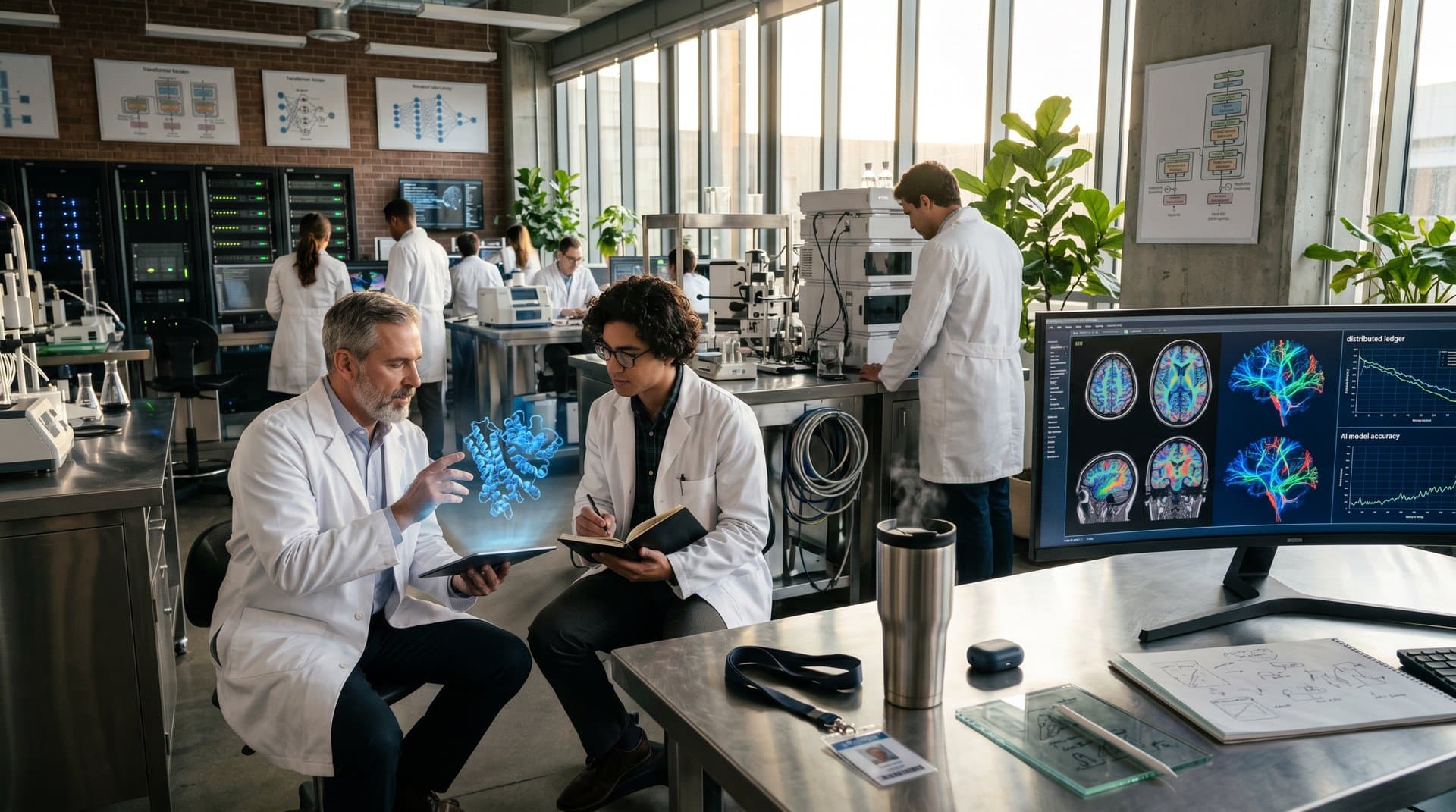 High-tech lab monitors show AI-analyzed MRI scans and blockchain graphs in secure healthcare innovation environment