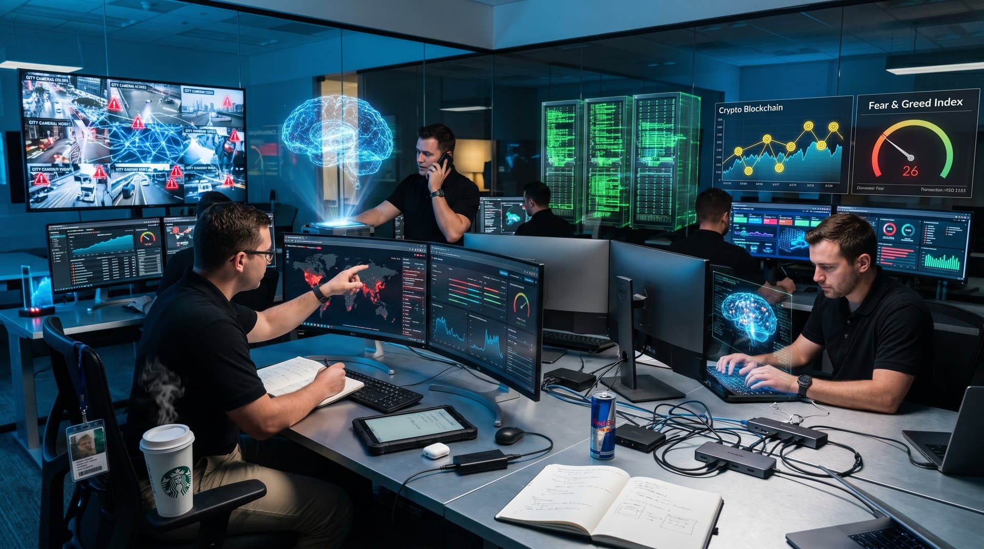 Abstract AI surveillance network with neural overlays on city feeds, cyber alerts, crypto graphs, and Fear & Greed at 26 in neon cyberpunk style. (98 chars)