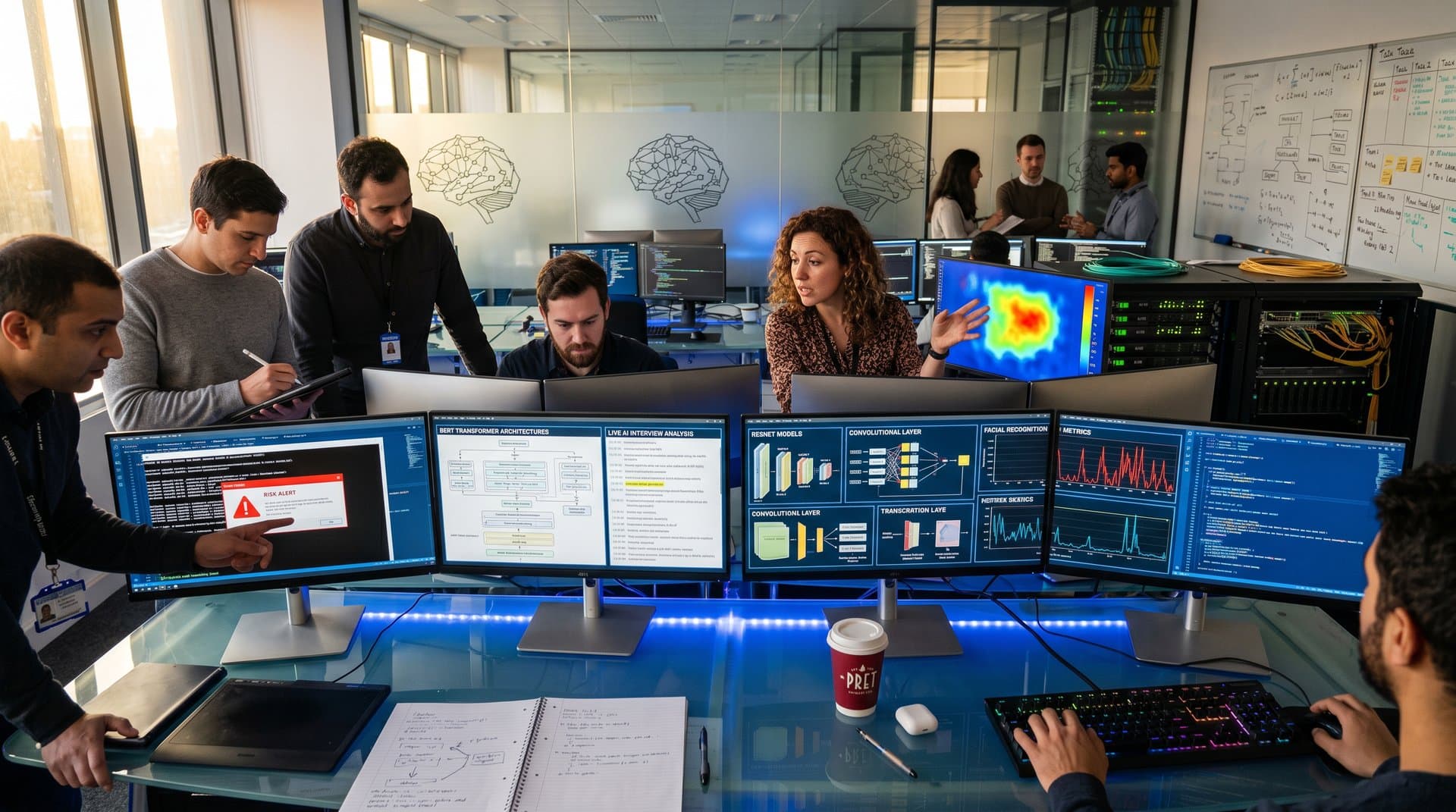 Engineers in modern UK tech lab analyzing AI interviews, cybersecurity metrics, and models on multi-monitors amid collaborative setup