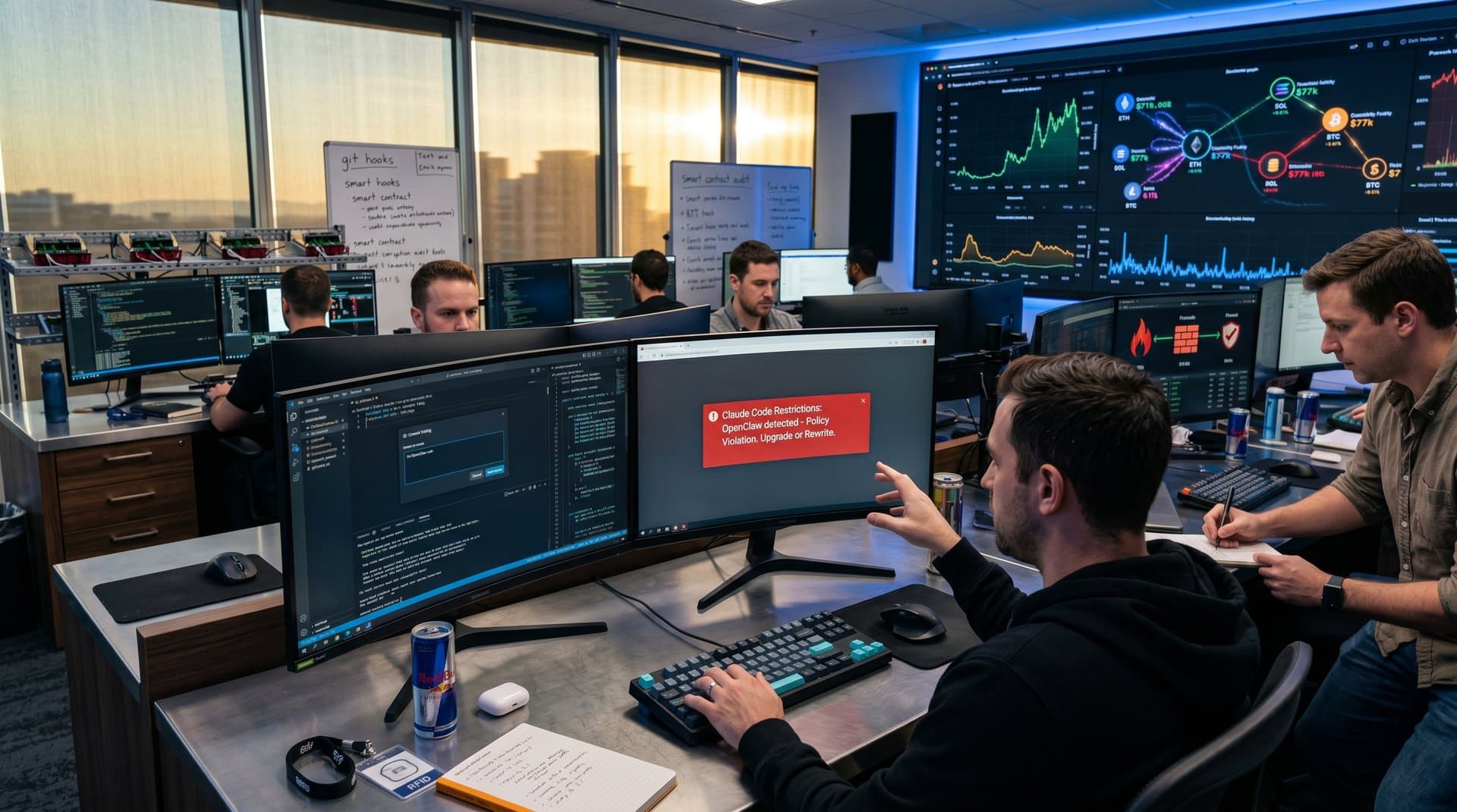 IDE screen rejecting Claude Code OpenClaw commit with cybersecurity warning amid blockchain network visualization