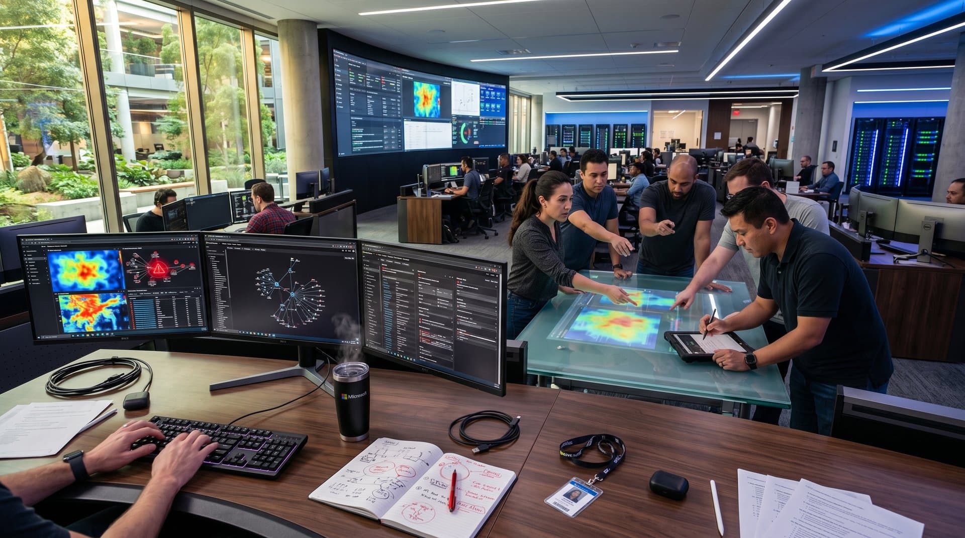 Cybersecurity analysts in Microsoft SOC review AI dashboards and threat maps on multi-monitor setups amid server racks and team huddle