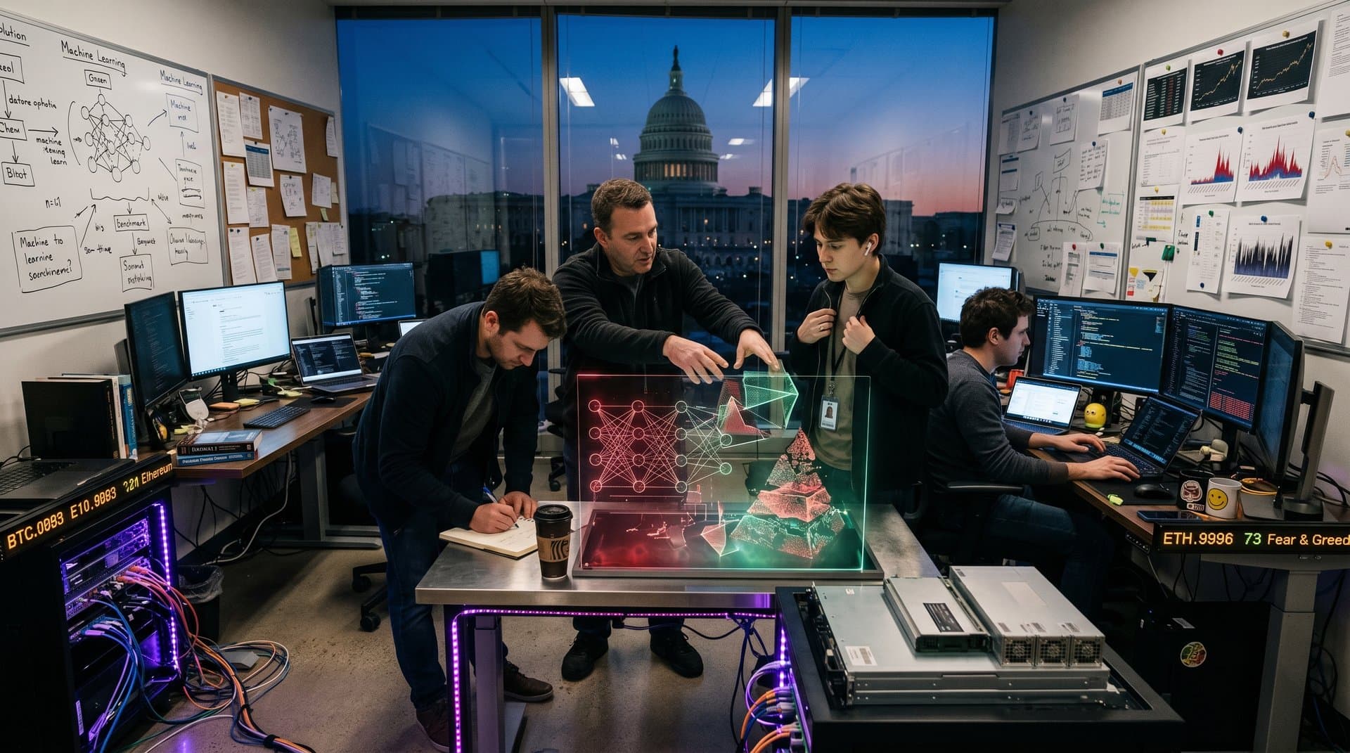 Neural networks and policy charts on digital dashboard in startup office with crypto tickers and Capitol silhouette