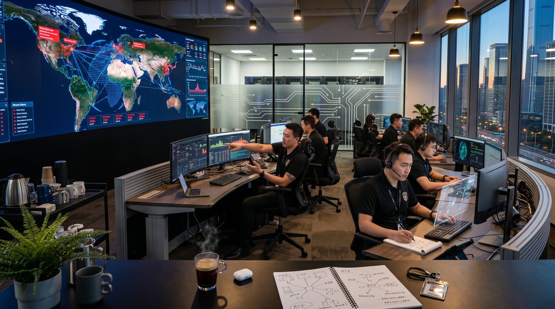 High-tech Beijing cybersecurity ops center with threat maps on video walls, server racks, and multi-monitor analytics setups