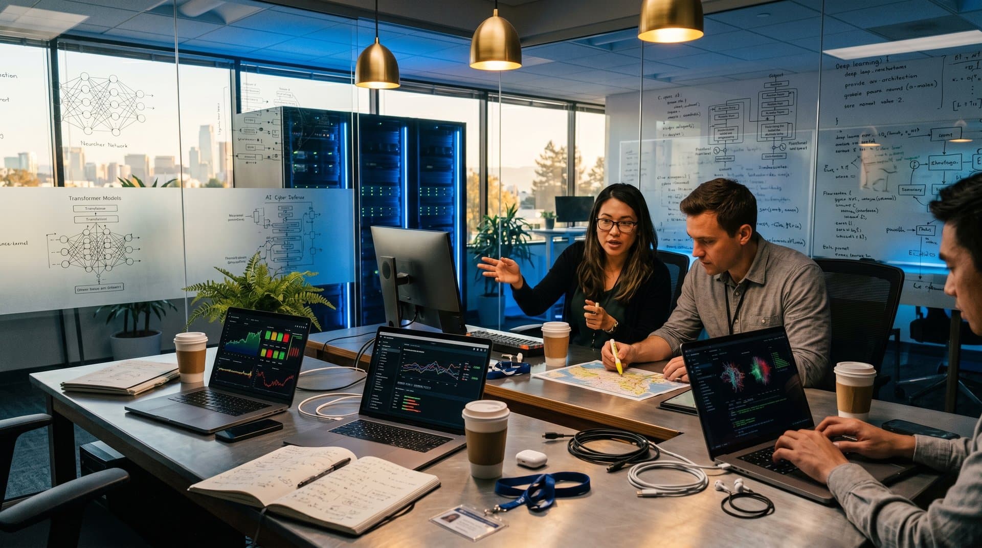 Tech lab conference with AI charts, servers, and abstract meeting silhouettes