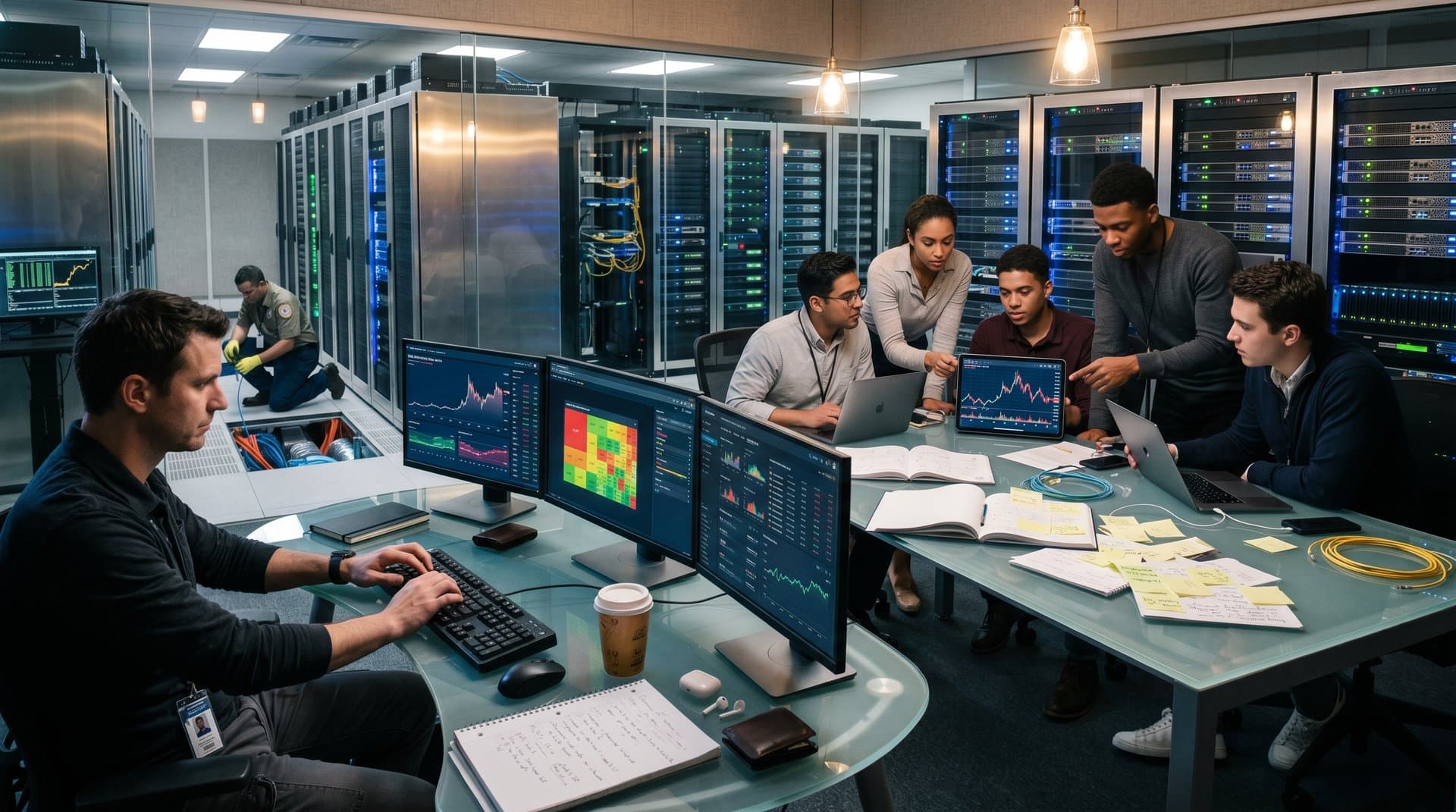 Cybersecurity workstation in data center displays blockchain and AI compliance dashboards amid server racks