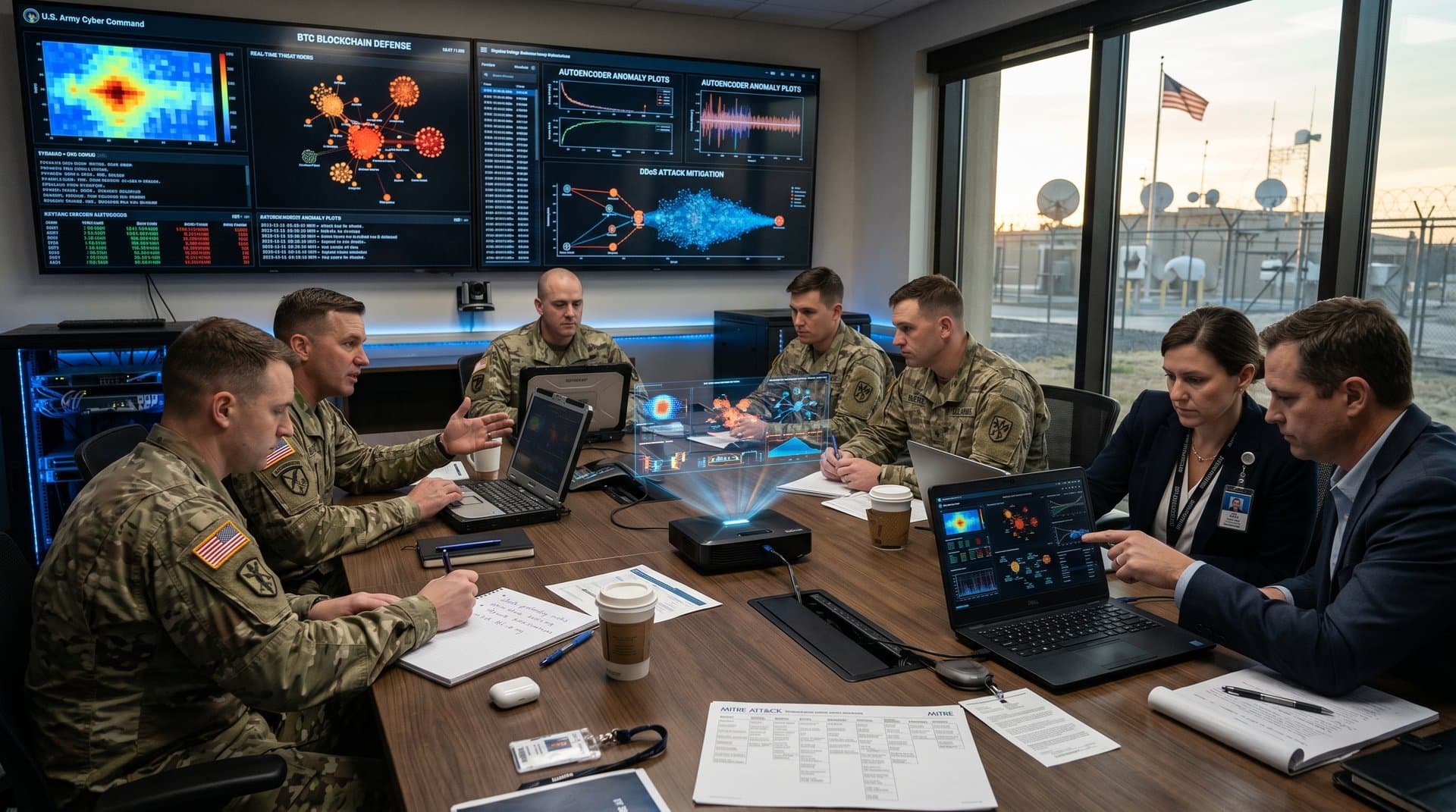 Army officers and industry executives review AI cyber simulations on large screens in a secure command briefing room with network graphs and laptops