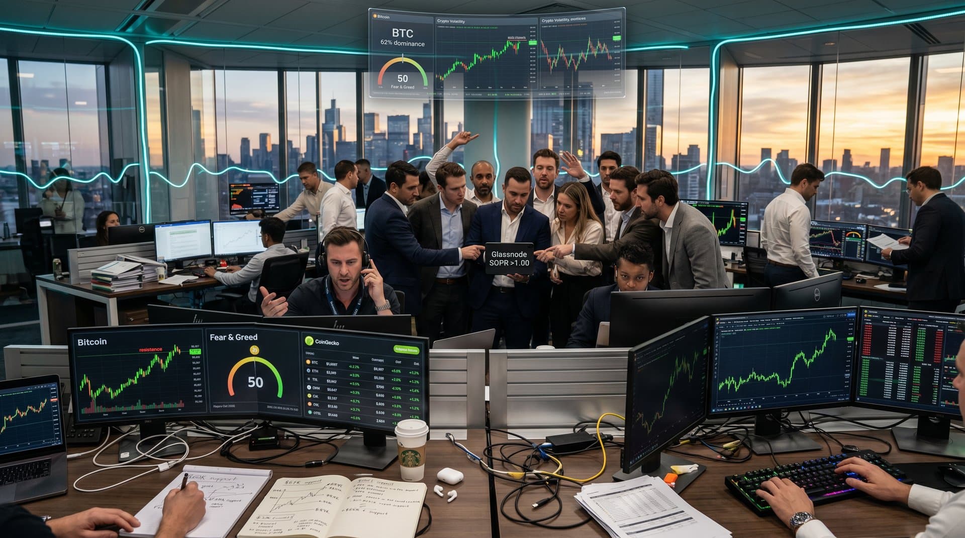 Trading floor screens display Bitcoin at $80K, Fear & Greed at 50, crypto charts with city skyline view