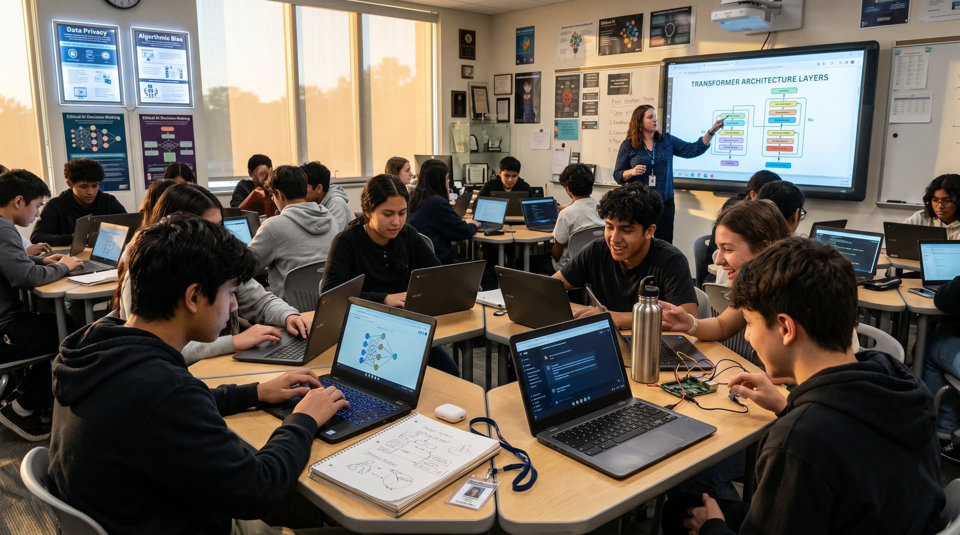 High school students and teacher in modern classroom using laptops and smartboard for AI literacy lesson on neural networks and ethics