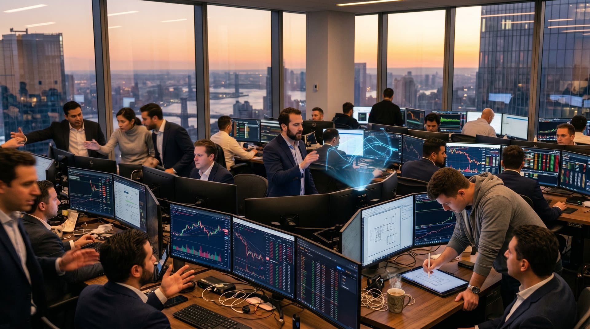 Traders at walnut desks with Bloomberg terminals showing ETH charts, AI dashboards, and metrics in sunlit Goldman Sachs trading floor
