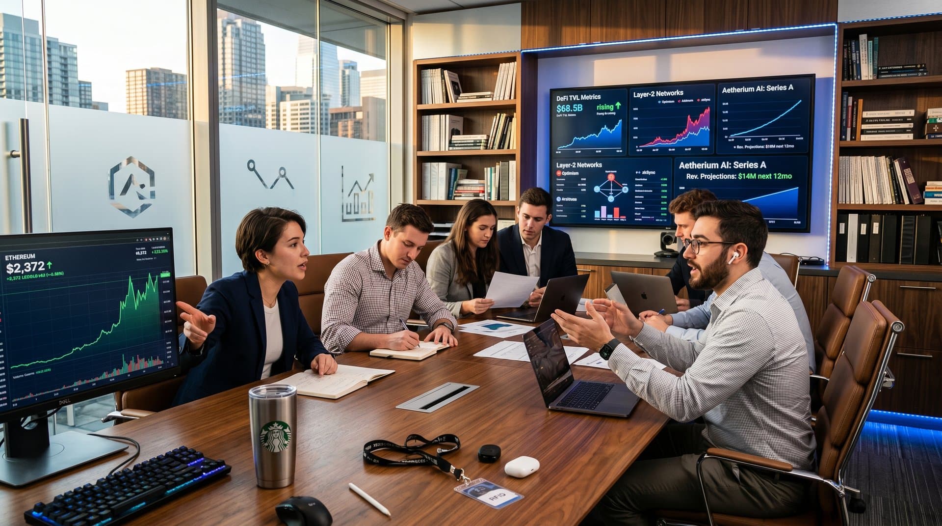 Venture capital office with Ethereum charts and AI decks on screens around conference table and city views