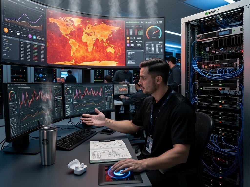 Futuristic Tier IV data center dashboards showing defensive AI cybersecurity blocking threats, Fear & Greed Index at 23, Bitcoin and XRP prices amid glowing server racks and cyberpunk city view
