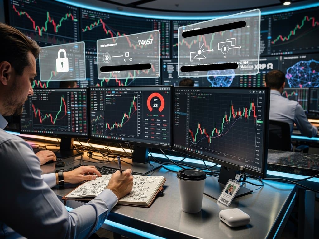 Fintech screens with AI chats, crypto prices at $74K BTC, Fear Index 23, cybersecurity warnings