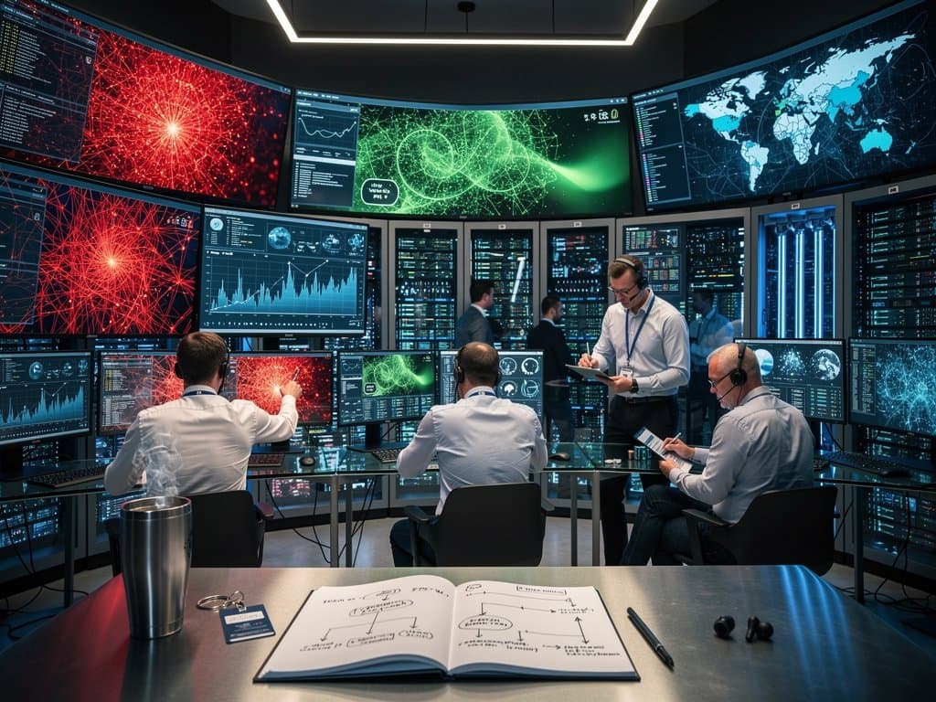 Cybersecurity team monitors AI-driven threat dashboards in modern fintech SOC amid server racks