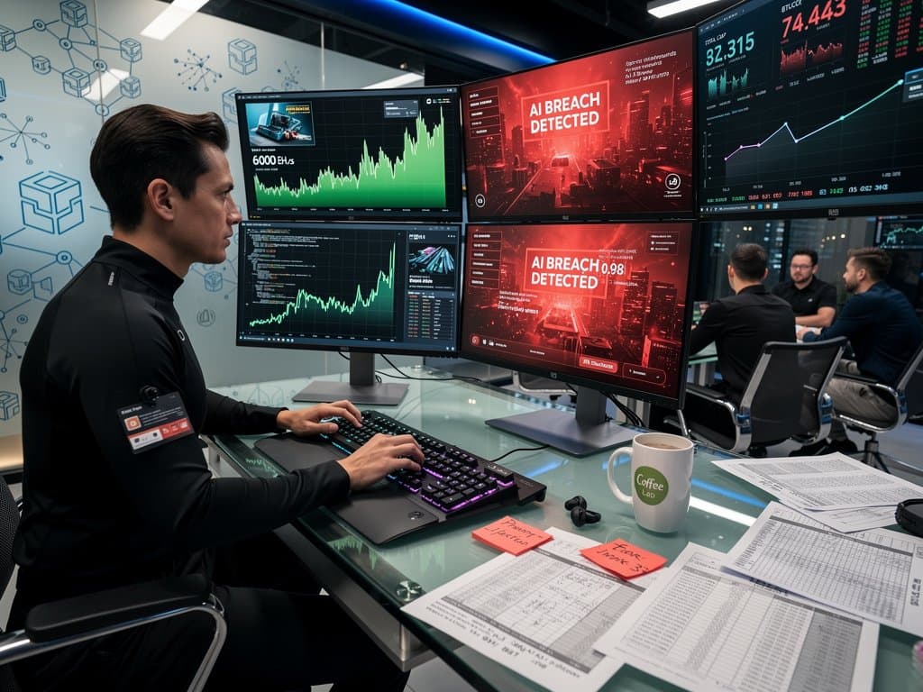 Cybersecurity ops center displaying proof-of-work hash rates, AI adversarial threats, blockchain diagrams amid glowing servers