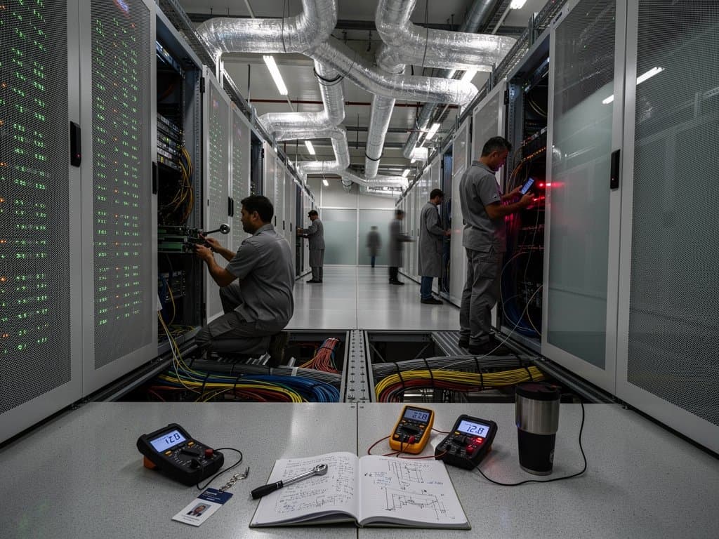 Tier IV data center with exposed cables, glowing server racks, and threat monitoring video wall