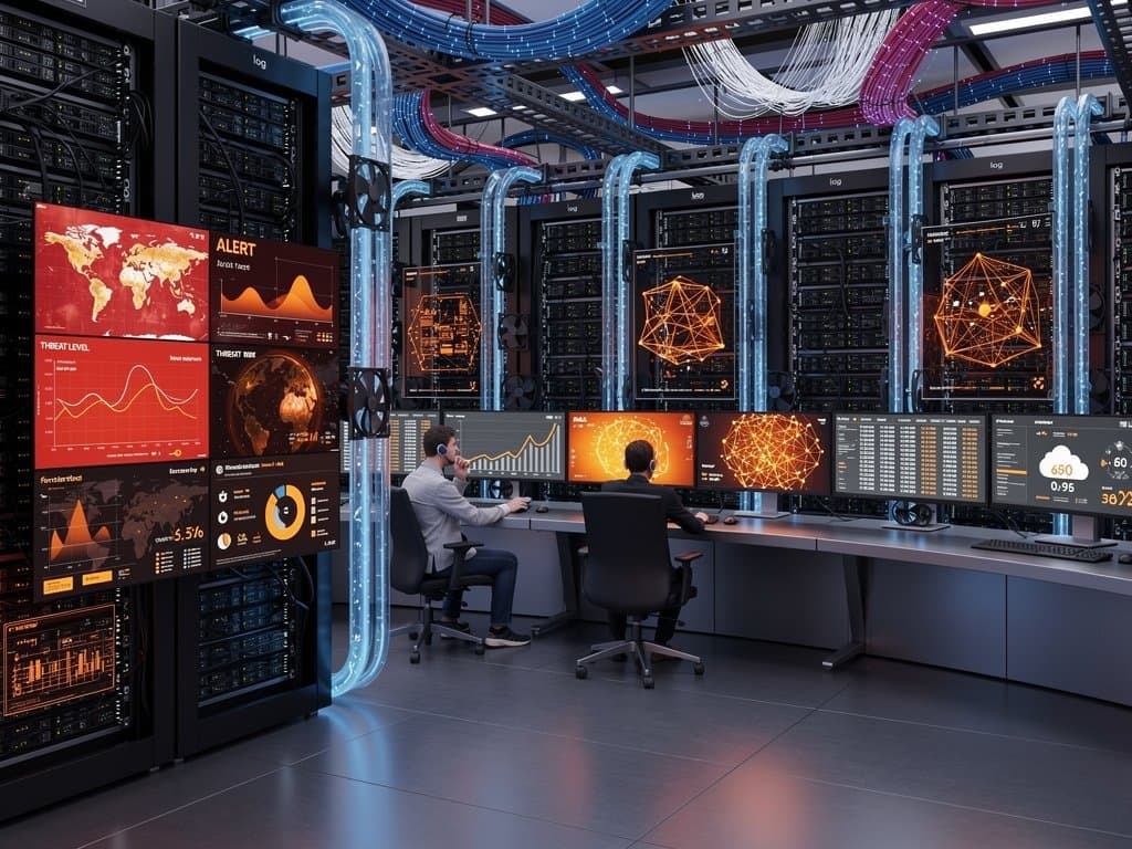 Futuristic data center with glowing server racks and cybersecurity dashboards displaying AI threat alerts