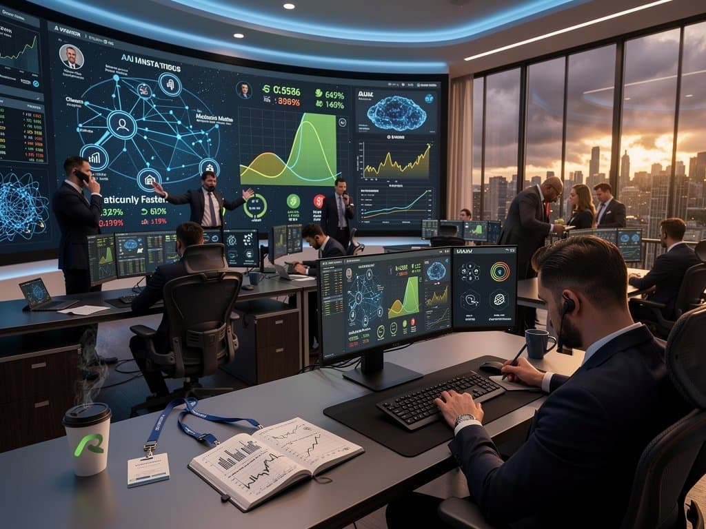 AI dashboard matching wealth advisors with client profiles amid crypto charts and Fear & Greed Index at 23 in fintech office