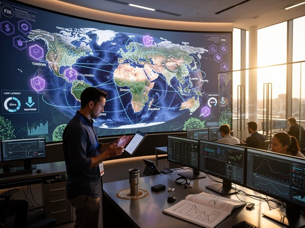 Digital globe with 310 edge nodes pulsing across cities, AI inference streams, zero-trust shields, and cost-saving metrics for Cloudflare Edge AI Inference