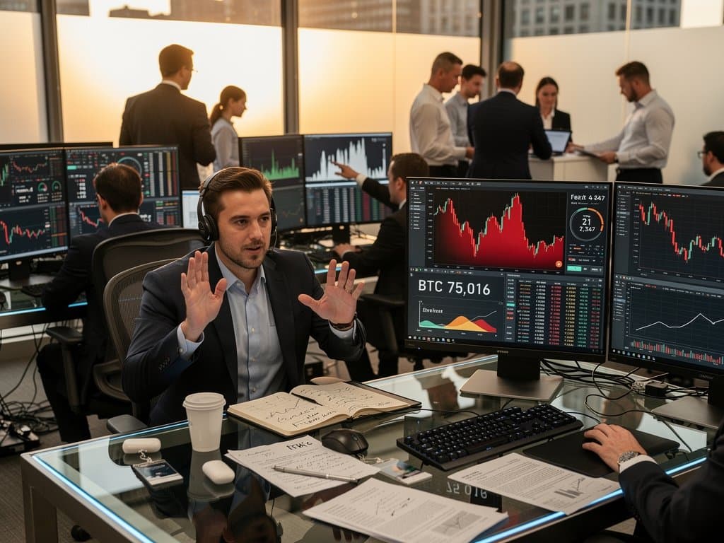 Trading floor screens show BTC at $75K, Fear Index 21, Ethereum charts amid blockchain graphs and city skyline