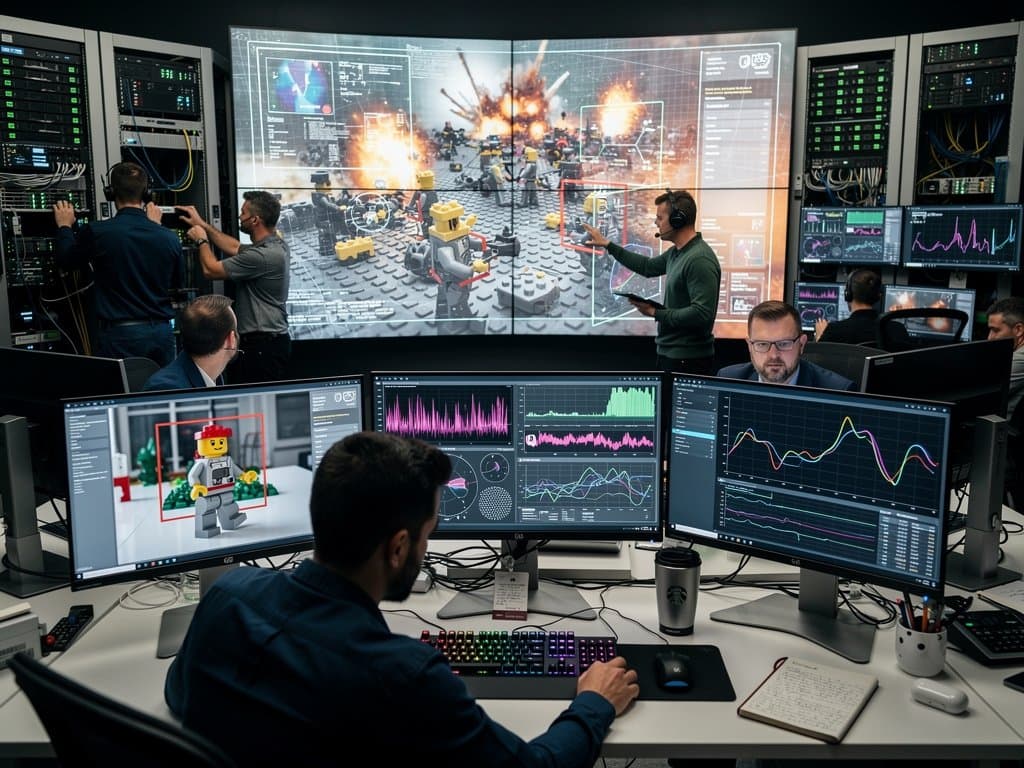 Cybersecurity team analyzes AI Lego propaganda frames on monitors in high-tech ops center amid glowing server racks (98 chars)