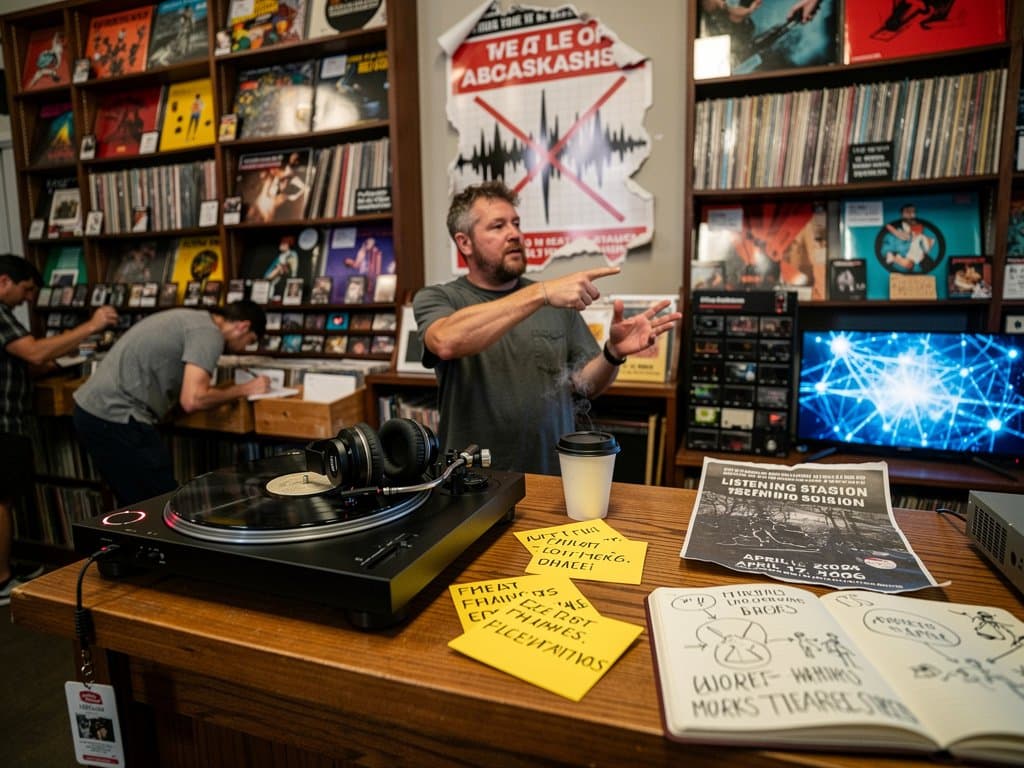 Portland record store counter with protest notes against AI, cancelled event poster for April 17, 2026, vinyl shelves, and AI screen in background