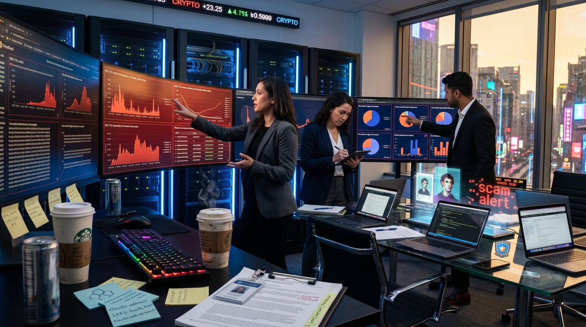 Blockchain forensics team analyzes NFT scam transactions in high-tech lab with graphs, code, and market data displays