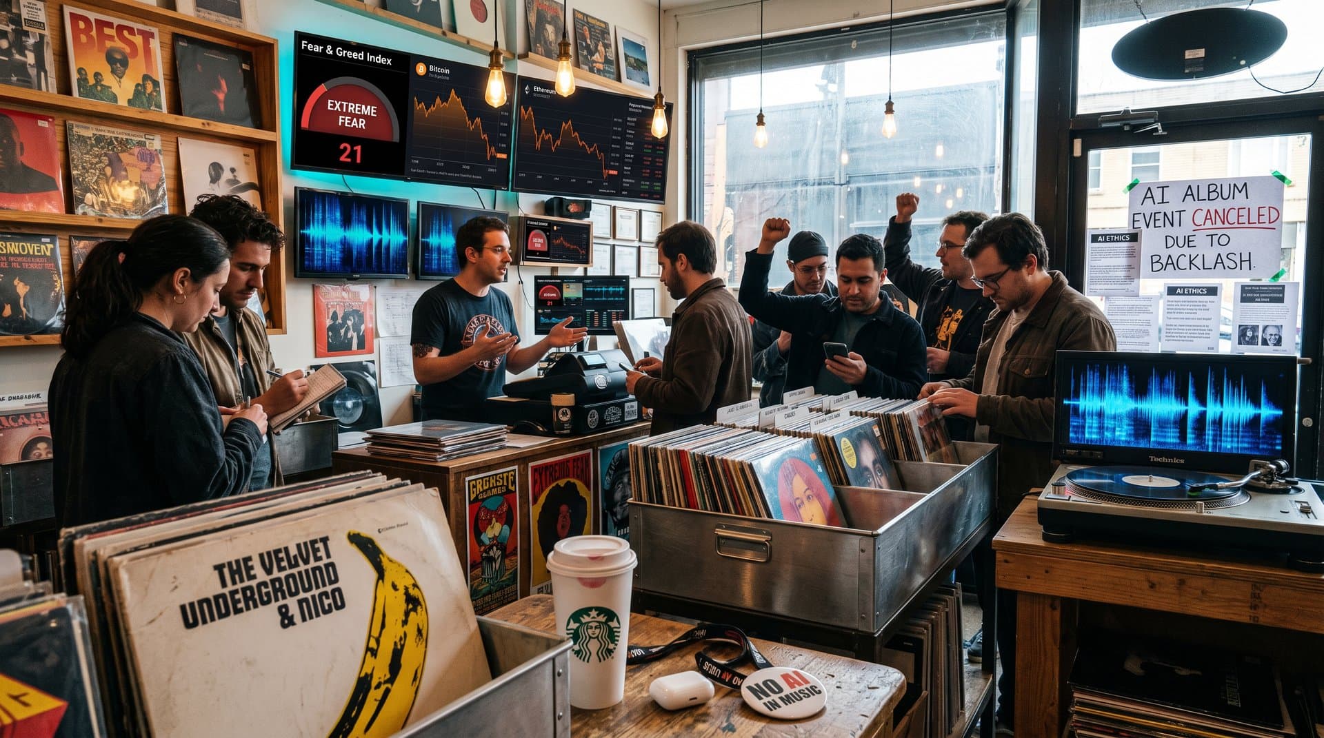 Record store with canceled AI event sign, Fear & Greed Index at 21, and AI spectrograms over vinyl records symbolizing music tech backlash