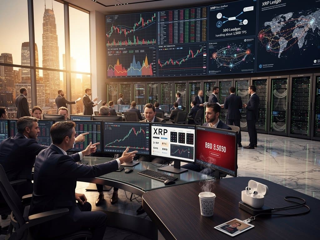 Trading desks with XRP $1.44 charts, BTC/ETH data, skyline view in fintech office
