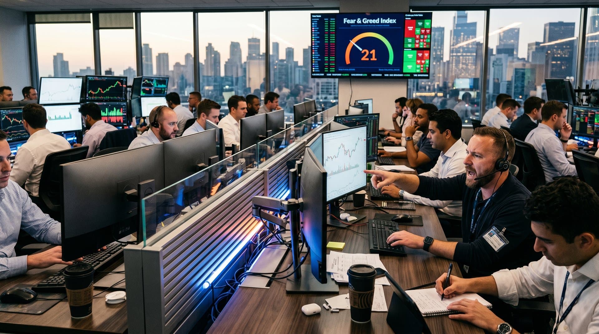 Cryptocurrency trading desk with monitors showing BTC short squeeze charts, Fear & Greed Index, and volatility data in high-tech office