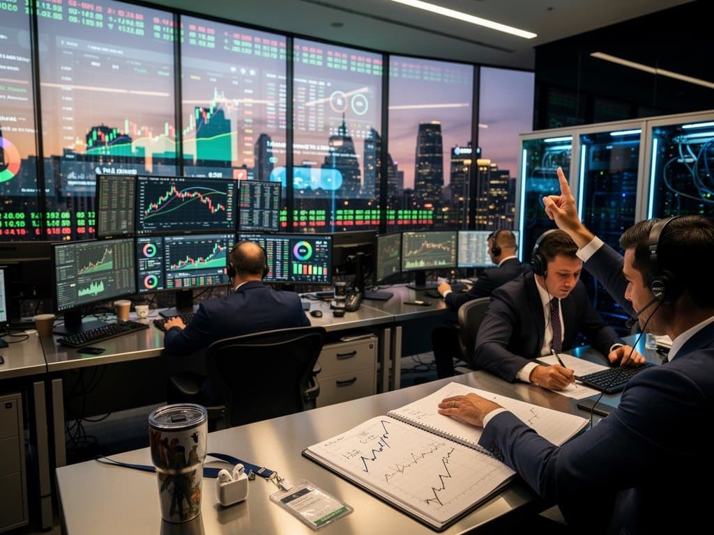 Traders at desks with screens showing BTC at $75,384, Fear & Greed at 21, SOL surge, amid city skyline